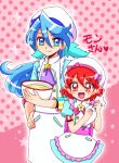  1boy 1girl ascot blue_hair kenjou_miku kirakira_patisserie_uniform kirakira_precure_a_la_mode kuroki_rio long_hair mixing_bowl pastry_bag patterned_background pikario_(precure) pink_background polka_dot polka_dot_background precure red_eyes red_hair reira_(reomimi0211) smile spoilers 