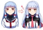  before_and_after blue_hair blush commentary_request comparison directional_arrow evolution kantai_collection long_hair looking_at_viewer multiple_views murakumo_(kantai_collection) red_eyes remodel_(kantai_collection) school_uniform serafuku simple_background smile tenken_(gotannda) white_background yellow_eyes 