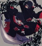  ankai_(rappelzankai) artist_request bird black_fire black_hair cloak crow fire forehead_protector glowing glowing_eyes male_focus multiple_boys naruto naruto_shippuuden red_eyes siblings sword uchiha_itachi uchiha_sasuke 