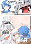  animal_ears blue_eyes blue_hair catstudioinc_(punepuni) close-up comic grey_hair hand_on_another's_shoulder highres kaito kyubey left-to-right_manga lying_on_person mahou_shoujo_madoka_magica personification red_eyes scarf seductive_smile smile thai translated vocaloid wing_collar 