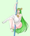  1girl anus blush breasts crotch_rub green_eyes green_hair jewelry kid_icarus legoman legs lm_(legoman) long_legs nail_polish naughty_face nintendo nipples palutena pole pole_dancing pussy pussy_juice simple_background single_thighhigh smile solo thick_thighs thighs uncensored very_long_hair 