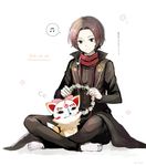  29/30 alternate_eye_color beamed_sixteenth_notes bow brown_hair dated fox grey_eyes indian_style kashuu_kiyomitsu konnosuke mole mole_under_mouth musical_note red_scarf scarf sitting smile speech_bubble spoken_musical_note touken_ranbu translation_request 