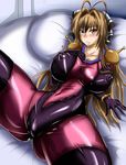  antenna_hair blush bodysuit breasts cameltoe choker cosplay erect_nipples g_gundam gundam hair_ribbon jet_(artist) jet_yowatari large_breasts latex long_hair mobile_trace_suit rain_mikamura rain_mikamura_(cosplay) ribbon sento_isuzu shiny_clothes sweat 