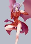  ;) alma_elma bare_shoulders bouncing_breasts breasts china_dress chinese_clothes demon_girl demon_horns demon_wings dress elbow_gloves fingerless_gloves flats full_body gloves grey_background halterneck highres horns jiffic large_breasts mon-musu_quest! one_eye_closed purple_hair red_dress red_eyes red_gloves short_hair side_slit smile solo succubus unaligned_breasts wings 