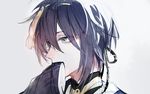  blue_eyes blue_hair covering_mouth eyes_visible_through_hair face hand_to_own_mouth male_focus mayer mikazuki_munechika sleeves_past_wrists solo touken_ranbu upper_body 