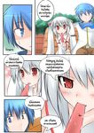  1girl :p animal_ears bench blue_eyes blue_hair catstudioinc_(punepuni) comic detached_sleeves food highres kaito kyubey left-to-right_manga licking mahou_shoujo_madoka_magica park_bench personification popsicle red_eyes shaded_face thai tongue tongue_out translated vocaloid wing_collar 