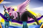  2015 anthro anthrofied big_breasts blush breasts changeling duo equine eye_contact female female/female friendship_is_magic hair hammock hand_on_head hi_res horn long_hair long_tongue mammal my_little_pony nude open_mouth outside princess_cadance_(mlp) purple_eyes queen_chrysalis_(mlp) saliva saliva_string suirano tongue tongue_out water winged_unicorn wings 