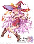  :d armpits bangle bangs bare_shoulders blush boots bow bracelet brave_sword_x_blaze_soul breasts choker company_name copyright_name cross-laced_legwear dress finger_to_mouth fire flower frilled_dress frills full_body hat hat_bow hat_flower hat_ribbon index_finger_raised jewelry lavender_hair leaf leg_garter logo long_hair looking_at_viewer looking_to_the_side magic open_mouth orange_eyes pinky_out purple_flower purple_rose ribbon rose short_dress slit_pupils small_breasts smile solo tattoo toraishi_666 very_long_hair wavy_hair witch witch_hat 