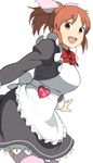  abe_nana accio apron bow brown_eyes brown_hair dress hair_bow hair_ornament heart idolmaster idolmaster_cinderella_girls maid maid_apron name_tag pink_legwear ponytail short_hair sidelocks smile solo thighhighs white_background 