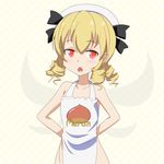  apron arms_behind_back bare_arms bare_shoulders blonde_hair cato_(monocatienus) chestnut chestnut_mouth collarbone drill_hair fairy_wings flat_chest hands_on_hips hat looking_at_viewer luna_child naked_apron pink_eyes romaji solo touhou wings 