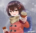  artist_name bag blush breath brown_eyes brown_hair can canned_coffee casual giving hair_ornament kantai_collection okitsugu open_mouth plaid plaid_scarf pov remodel_(kantai_collection) scarf sendai_(kantai_collection) snowing two_side_up winter_clothes 