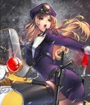  baton belt black_legwear brown_hair card_(medium) chaos_online cuffs edelyn gloves ground_vehicle handcuffs hat holding long_hair love_cacao motor_vehicle necktie official_art open_mouth police police_hat police_uniform red_eyes scooter solo thighhighs translated uniform white_gloves zettai_ryouiki 