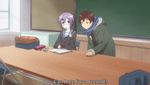  1boy 1girl animated animated_gif brown_hair embarrassed glasses kyon nagato_yuki nagato_yuki-chan_no_shoushitsu purple_hair school_uniform solo subtitled suzumiya_haruhi_no_yuuutsu 