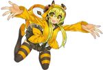  animal_costume antenna_hair bee_costume blonde_hair eyebrows_visible_through_hair flying full_body green_hair headphones highres hood hooded_jacket itsumo_nokoru jacket long_sleeves looking_at_viewer miniskirt open_mouth original outstretched_arms shiny shiny_hair skirt solo speaker spread_arms striped striped_legwear thighhighs transparent_background upper_teeth yellow yellow_eyes 