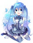  :d alternate_costume blue_eyes blue_gloves blue_hair blue_legwear blush breasts bug butterfly elbow_gloves flower frilled_skirt frills gloves hair_flower hair_ornament hairclip hatsune_miku ikari_(aor3507) insect large_breasts long_hair open_mouth rose sitting skirt sleeveless smile solo thighhighs twintails vocaloid wariza 