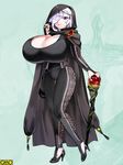 artist_request breasts cape female gigantic_breasts hair_over_one_eye high_heels lipstick makeup omc original purple_eyes silver_hair smile solo standing 