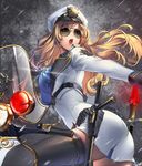  aviator_sunglasses baton belt black_legwear blonde_hair card_(medium) chaos_online cuffs edelyn gloves ground_vehicle handcuffs hat holding long_hair love_cacao motor_vehicle necktie official_art open_mouth police police_hat police_uniform red_eyes scooter solo sunglasses thighhighs translated uniform white_gloves zettai_ryouiki 