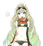  :d bikini blonde_hair blue_eyes cowboy_shot gloves goggles goggles_on_head gradient_hair green_hair long_hair looking_at_viewer maruchi multicolored_hair navel open_mouth original scarf single_glove smile solo star swimsuit very_long_hair white_background 