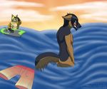  2015 abs anthro black_fur black_hair blonde_hair blush brown_fur butt canine clothing cloud dog duo embarrassed fox fur german_shepherd hair kattotang long_hair male mammal necklace nude outside ponytail sky standing surfboard swimming_trunks swimsuit tan_fur teeth water wet 