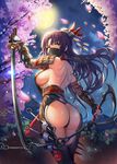  armor ass bare_back bikini_armor breasts brown_hair building chain cherry_blossoms face_mask from_behind gloves hair_ornament hidden_mouth highres hime_cut katana kunai large_breasts long_hair looking_at_viewer mask million_arthur_(series) moon night ninja no_bra official_art panties petals sideboob solo sword tako_seijin thighhighs thong tree underboob underwear weapon yellow_eyes 