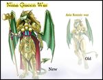  2004 anthro armor blonde_hair breasts cape claws clothed clothing dragon english_text female green_eyes green_scales hair hammer horn jewelry long_hair markie model_sheet nina plain_background scalie solo text toe_claws tools weapon white_background wings 