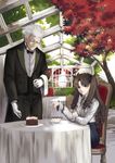  1girl absurdres archer black_bow black_neckwear bow bowtie chair fate/stay_night fate_(series) gloves highres l'epice sitting table tablecloth toosaka_rin tree tuxedo two_side_up waistcoat waiter white_gloves white_hair 