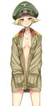  blonde_hair blush breasts brown_eyes cleavage erwin_(girls_und_panzer) girls_und_panzer grin hands_in_pockets hat jacket jewelry kumadano looking_at_viewer military military_uniform naked_coat necklace no_bra no_panties open_clothes open_jacket peaked_cap short_hair small_breasts smile solo uniform 