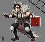  beowulf_(skullgirls) breasts chair elbow_pads emlan fighting_stance fingerless_gloves folding_chair full_body genderswap genderswap_(mtf) gloves grin knee_pads lipstick makeup medium_breasts pelt shorts skullgirls smile solo suspenders the_hurting 