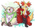  ambiguous_gender beard black_fur blush canine chesnaught cute cyber_zai delphox duo facial_hair fangs fire fox fur happy mammal nintendo open_mouth pok&eacute;mon red_fur sitting standing stick teeth tongue tuft video_games voyeur wand white_fur yellow_fur 