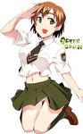  :d brown_hair chitose_midori em green_eyes green_green green_skirt knees_together_feet_apart loafers navel necktie open_mouth panties pantyshot shoes short_hair short_sleeves simple_background skirt smile solo striped striped_panties underwear white_background 
