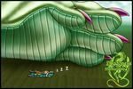  2004 anthro barefoot blanket claws clothed clothing dragon duo english_text feet female foot_focus footwear grass green_scales half-dressed human male mammal markie outside scalie sleeping text toe_claws topless 