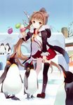  absurdres animal bare_tree bird black_legwear brown_eyes brown_hair day falling food highres ice ice_cream ice_cream_cone ice_cream_cone_spill kantai_collection outdoors penguin pleated_skirt ponytail quadruple_scoop sheska_xue single_thighhigh skirt sky snow standing thighhighs tree yamato_(kantai_collection) zettai_ryouiki zoo 