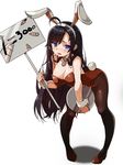  ahoge animal_ears bare_shoulders bent_over black_hair blue_eyes breasts bunny_ears bunny_tail bunnysuit cleavage closers collar fake_animal_ears hairband holding holding_sign large_breasts lhu_(barappra1) long_hair looking_at_viewer open_mouth pantyhose pigeon-toed sign solo standing tail tray white_background wrist_cuffs yuri_seo 