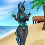  2015 anthro anthrofied areola beach big_breasts bikini blush breasts changeling clothed clothing cloud female flashing friendship_is_magic green_eyes hair horn long_hair my_little_pony nipples outside pabloracer queen_chrysalis_(mlp) seaside skimpy sky smile solo swimsuit undressing water wings 