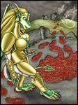  2004 ambiguous_gender anthro armor barefoot blonde_hair blood breasts castle claws clothed clothing death dragon ear_piercing feet female gore green_eyes green_scales group hair horn human looking_down male mammal markie nina outside piercing scalie size_difference smile stomping teeth toe_claws war wings 