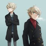  aldnoah.zero aqua_eyes bad_id bad_pixiv_id belt blue_eyes blue_sweater blush breath coat crossed_arms double-breasted gloves green_neckwear male_focus necktie parted_lips scarf seiran_(blue-orchid) silver_hair slaine_troyard solo sweater trench_coat winter_clothes 