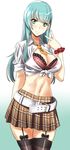  bra breasts cleavage contemporary garter_straps green_eyes green_hair highres kantai_collection large_breasts long_hair looking_at_viewer midriff navel open_clothes open_shirt plaid plaid_skirt ribbon scrunchie shirt skirt solo suzuya_(kantai_collection) takamura_wamu thighhighs underwear v wrist_scrunchie 