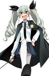  anchovy anzio_school_uniform black_skirt blush brown_eyes cape drill_hair girls_und_panzer hair_ribbon kumadano long_hair looking_at_viewer military necktie open_mouth pantyhose ribbon riding_crop school_uniform shirt skirt smile solo stepping twin_drills twintails uniform 