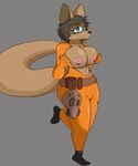  anthro big_breasts breasts clothed clothing female fur garuda_six hair hyena looking_at_viewer mammal navel nipples plain_background pose smile solo suit wide_hips 