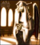  2002 anthro breasts clothed clothing dragon female green_scales horn inside light markie nun orange_eyes rope scalie slit_pupils solo wings yellow_scales 