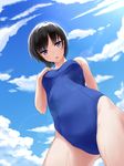  absurdres bangs bare_arms bare_shoulders black_hair blue_eyes cloud cloudy_sky contrapposto cowboy_shot day dutch_angle foreshortening from_below highleg highleg_swimsuit highres lens_flare looking_at_viewer looking_down one-piece_swimsuit open_mouth original outdoors school_swimsuit short_hair shouye_ying sky solo standing swimsuit wet 