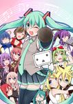  6+girls absurdres aqua_eyes aqua_hair bad_id bad_pixiv_id black_legwear blonde_hair blue_eyes blue_hair blush boots brother_and_sister brown_hair closed_eyes crossover detached_sleeves goggles goggles_on_head green_eyes green_hair gumi hachune_miku hair_ornament hairband hairclip hatsune_miku headset highres hug ia_(vocaloid) kagamine_len kagamine_rin kaito kamui_gakupo kasane_teto long_hair megurine_luka meiko meiko_(vocaloid3) microphone multiple_boys multiple_girls necktie niconico one_eye_closed open_mouth otosuzuha pink_hair ponytail purple_eyes purple_hair red_eyes red_hair short_hair short_hair_with_long_locks siblings skirt sleeveless smile terebi-chan thigh_boots thighhighs twins twintails utau very_long_hair vocaloid voiceroid yuzuki_yukari 