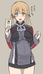  anchor_hair_ornament blonde_hair blush breasts card hair_ornament holding kantai_collection large_breasts looking_at_viewer military military_uniform no_headwear open_mouth pregnant prinz_eugen_(kantai_collection) skirt smile solo taji_(crowview) translated twintails uniform 