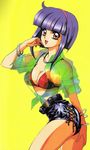  90s absurdres breasts collar hairband highres large_breasts looking_at_viewer mon_mon oldschool purple_hair red_eyes short_hair smile solo 