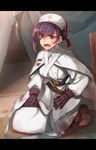  angry bag belt boots breasts commentary_request crate dagger fang frown gloves hair_bun hat hazuki_gean highres knife letterboxed looking_at_viewer medium_breasts nurse nurse_cap open_mouth pixiv_fantasia pixiv_fantasia_t purple_hair red_eyes satchel solo tears tent uniform weapon 