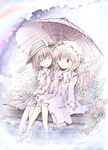  barefoot blonde_hair bow brown_eyes brown_hair closed_eyes dress flower hair_bow hat holding holding_umbrella hydrangea long_hair maribel_hearn multiple_girls necktie open_mouth oriental_umbrella rain rainbow ribbon romi shared_umbrella shirt short_hair sitting skirt smile soaking_feet star touhou umbrella usami_renko water 