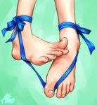  ankle_ribbon asmo_deus barefoot between_toes blue_ribbon dungeon_ni_deai_wo_motomeru_no_wa_machigatteiru_darou_ka feet feet_only hestia_(danmachi) parody pov_feet rei_no_himo ribbon solo toenails toes 