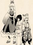  bad_id bad_twitter_id barefoot bow cage_in_lunatic_runagate dress dual_persona fujiwara_no_mokou fujiwara_no_mokou_(young) hair_bow hair_ribbon hands_in_pockets hat injury japanese_clothes kamishirasawa_keine kimono long_hair monochrome multiple_girls pot ribbon sepia short_hair smile suspenders time_paradox touhou urin younger 