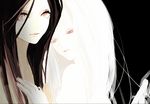  albino black_background black_hair chaos_witch_quelaag colored_eyelashes dark_souls hand_on_another's_chest insect_girl long_hair multiple_girls nirco open_mouth pale_skin quelaag's_sister red_eyes siblings sisters souls_(from_software) spider_girl white_hair white_skin 