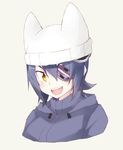  :d animal_hat bad_id bad_twitter_id beanie eyepatch hat headgear kantai_collection open_mouth purple_hair short_hair smile solo souji tenryuu_(kantai_collection) upper_body v-shaped_eyebrows yellow_eyes 